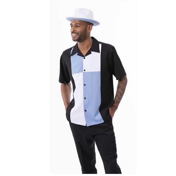 MEN'S MONTIQUE NAVY SQUARE PATTERN SHORT SLEEVE 2 PIECE WALKING SET.